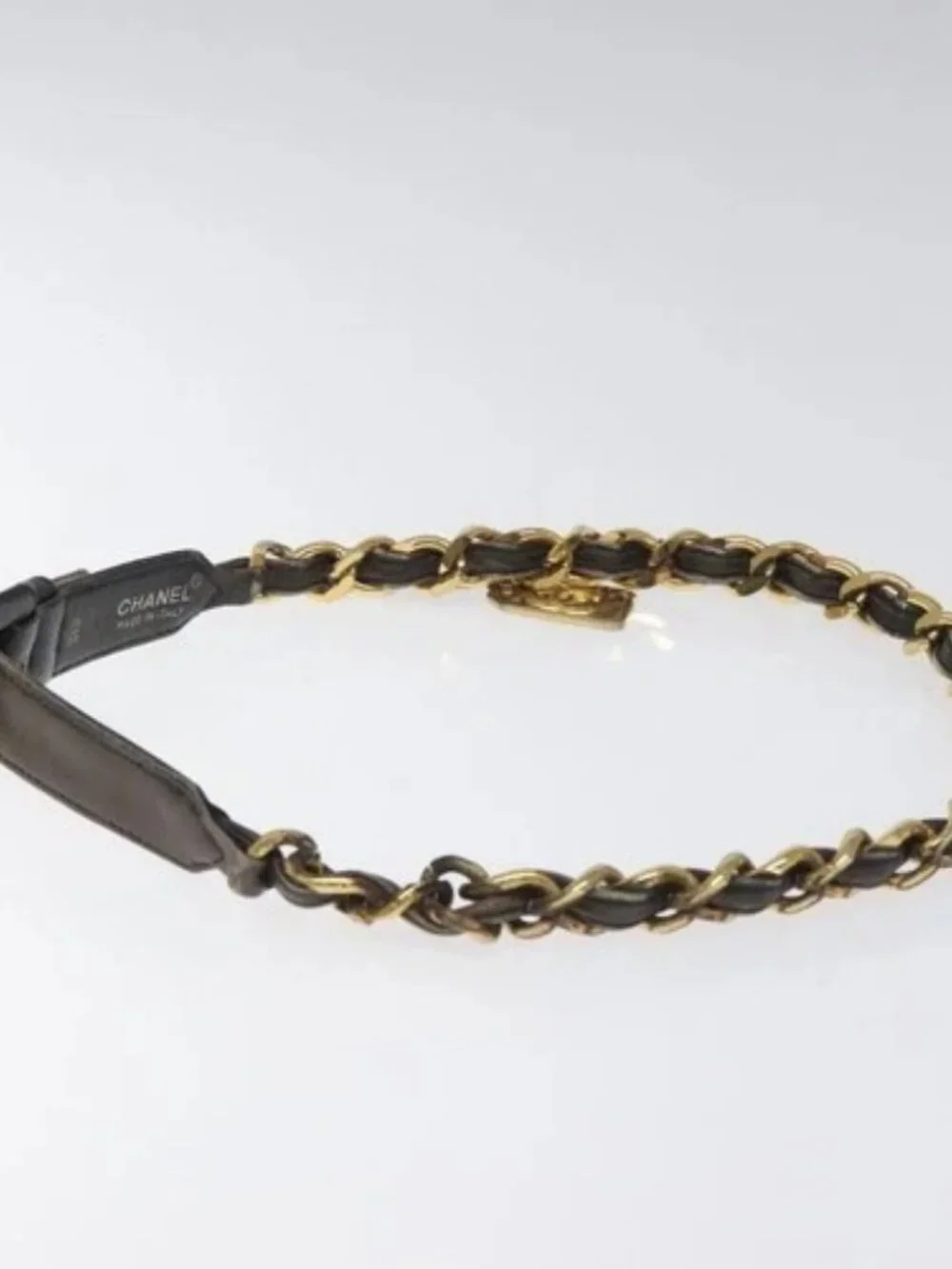 CHANEL Chain Belt metal Lamb Skin Black Gold CC Auth MY480